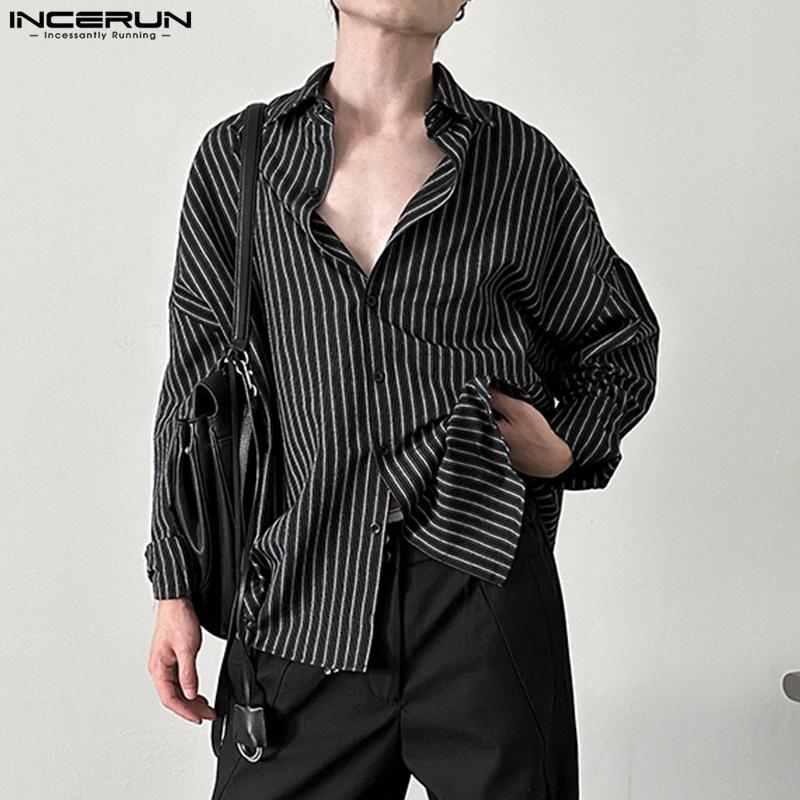 Oversized Men Incerun Neck Lapel Long Sleeve Striped Casual Loose Shirts Tops