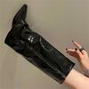 Eilyken Fashion Pointed Toe Patent Leather Design Splicing Wedges High Heels Women Knee-High Long Boots Zipper Female Shoes