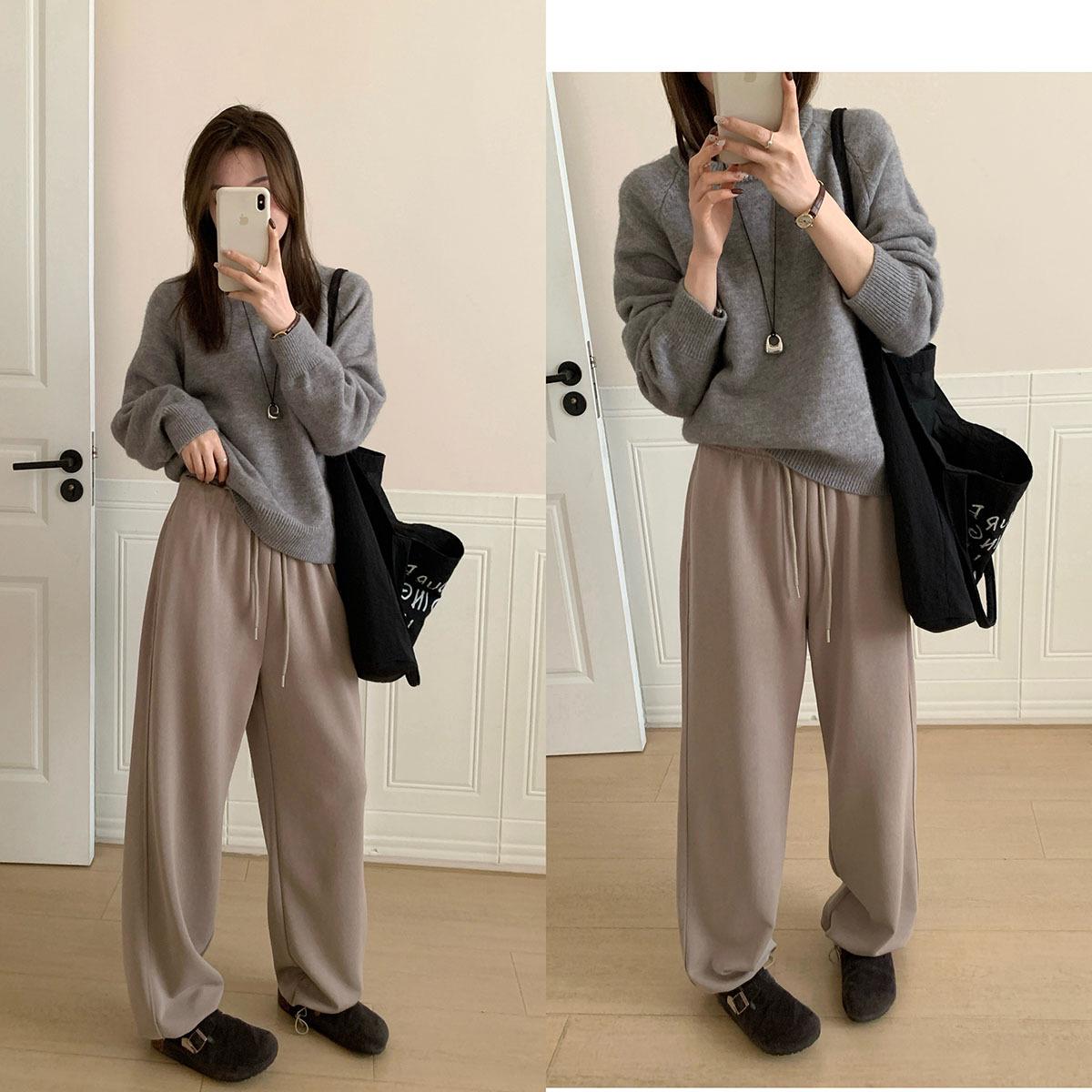 

Plus Size Japanese Spring Casual Wide-Leg Drawstring Sweatpants with Adjustable Hem and Pockets Small хаки