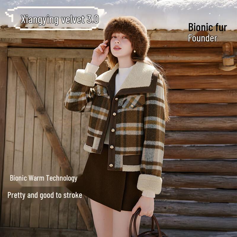 Xiangying Women s Retro Plaid Faux Fur Short Jacket L