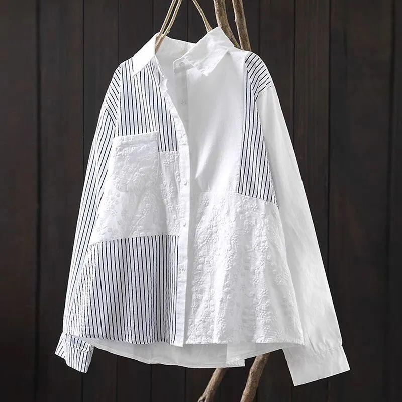 Embroidered Women s Shirt Turndown Collar Striped Patchwork Design Famale Blouse Spring Casual Ladies Long Sleeved Thin Top S