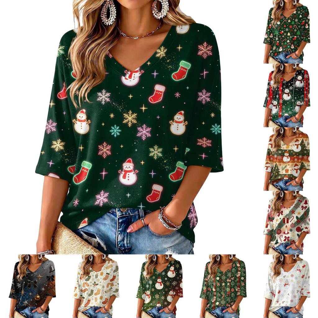 Women's V-Neck Three-Quarter Sleeve Casual Christmas Print Top