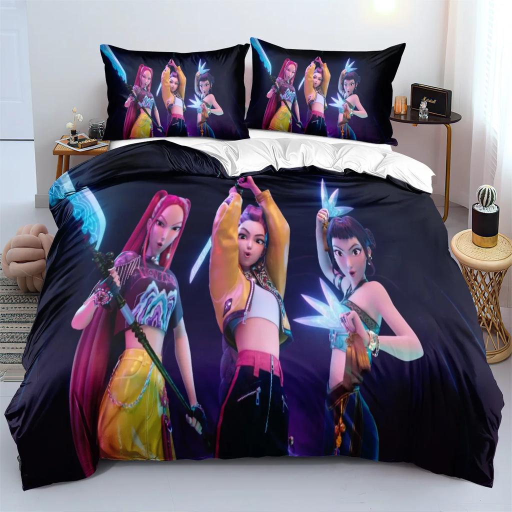 KPop Demon Hunters Themed Bedding Set Colorful Print Polyester Student Dormitory Bed Sheet Quilt Cover Kid Gift Home Textile