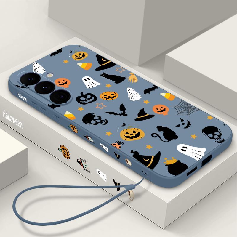Ghost Pumpkin Pattern Phone Case For Samsung Galaxy A55 A54 5G A56 S25 A53 A52 A14 A34 A15 A35 S23 S24 Ultra S20 FE S21 S22 Soft TPU Lanyard Cover