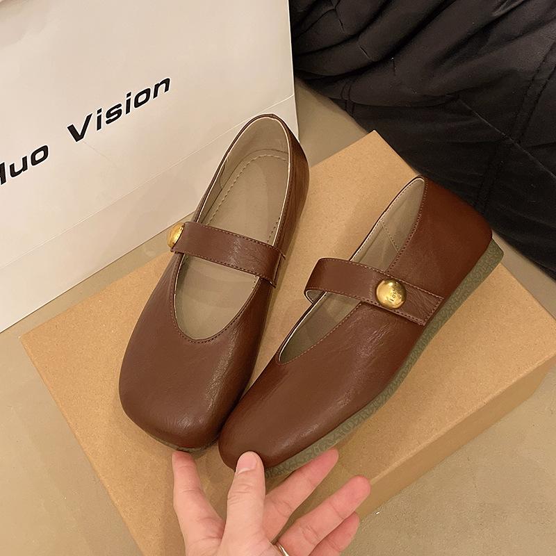 2025 new spring and summer retro versatile round head flat-soled single shoes soft leather comfortable versatile one-word belt women's shoes