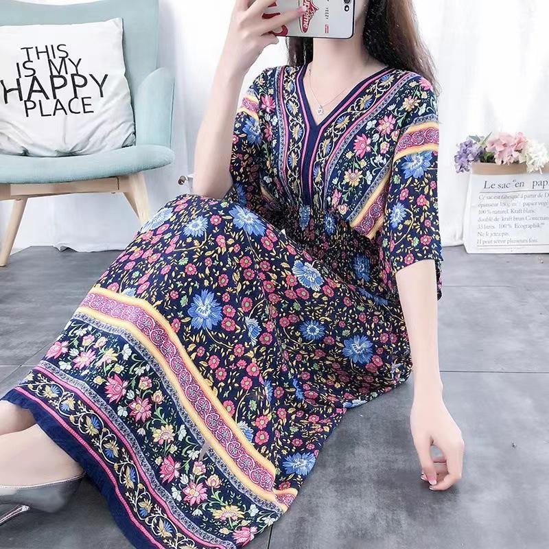 Ethnic Style V-neck Cotton and Silk Short-sleeved Beach Dress Thailand Travel Dress Summer Print Vacation Floral Skirt