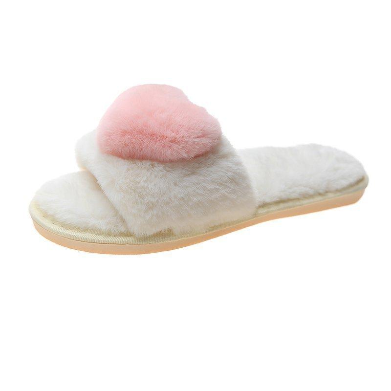 2020 New Autumn and Winter Slippers Light Mouth Flat Heel Flat Bottom Daily Home Plush Cotton Slippers Love One Word Hair Drag