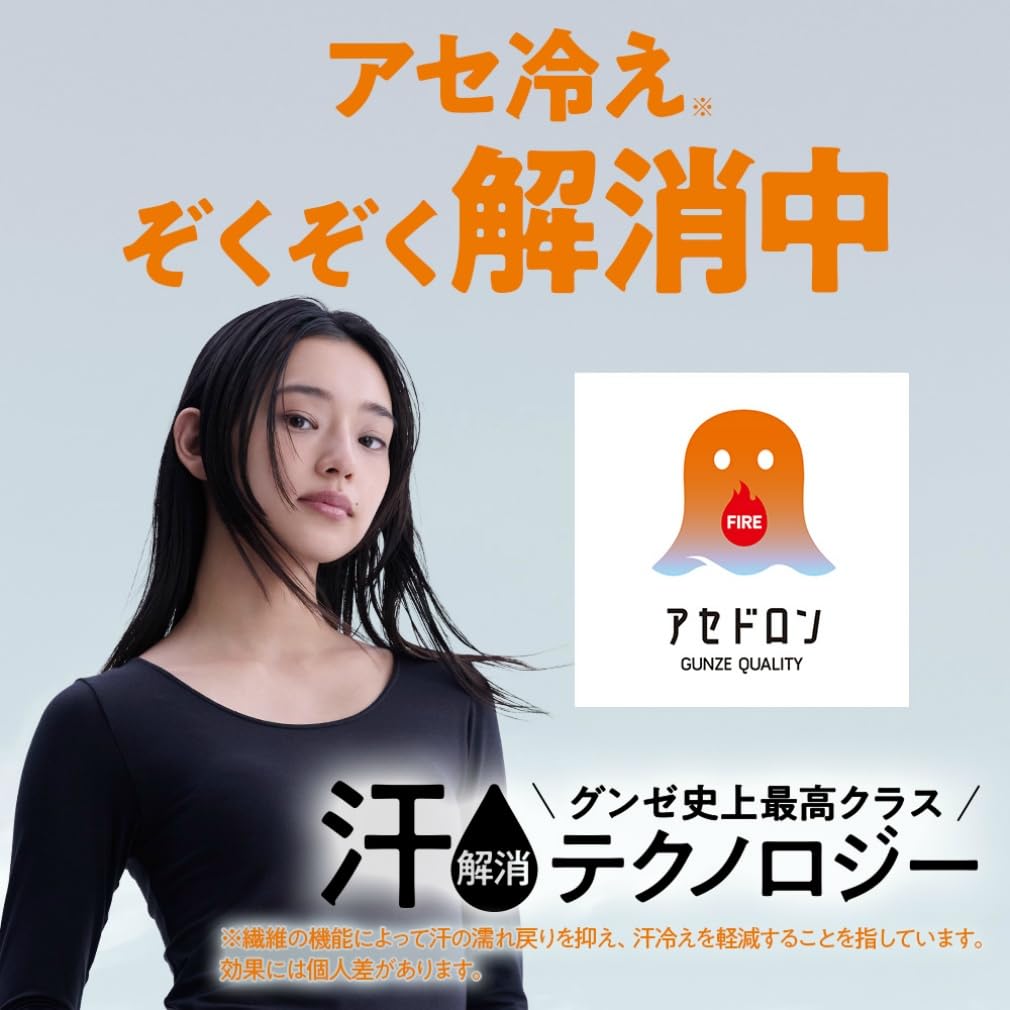 Gunze MH2048P Fire Acedron Short Sleeve Prevents Sweat from Chilling in Black Women's Innerwear, Thin, Moisture-Wicking, Heat-Generating, Winter,