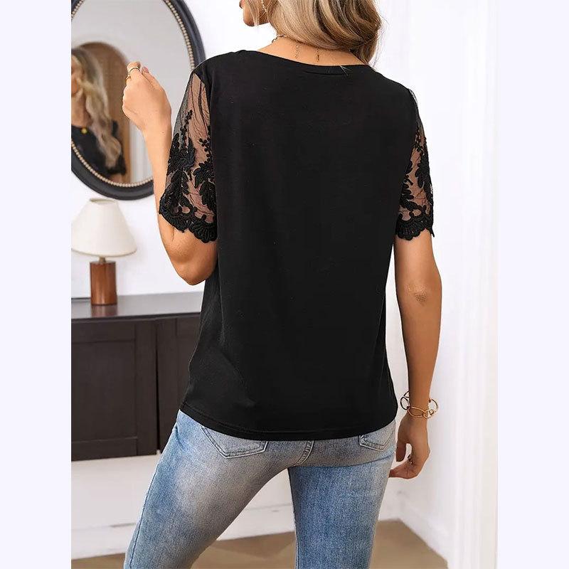 T-shirt d'été pour femmes, tricot élégant, dentelle, col rond, maille ample, épissure, haut à manches courtes