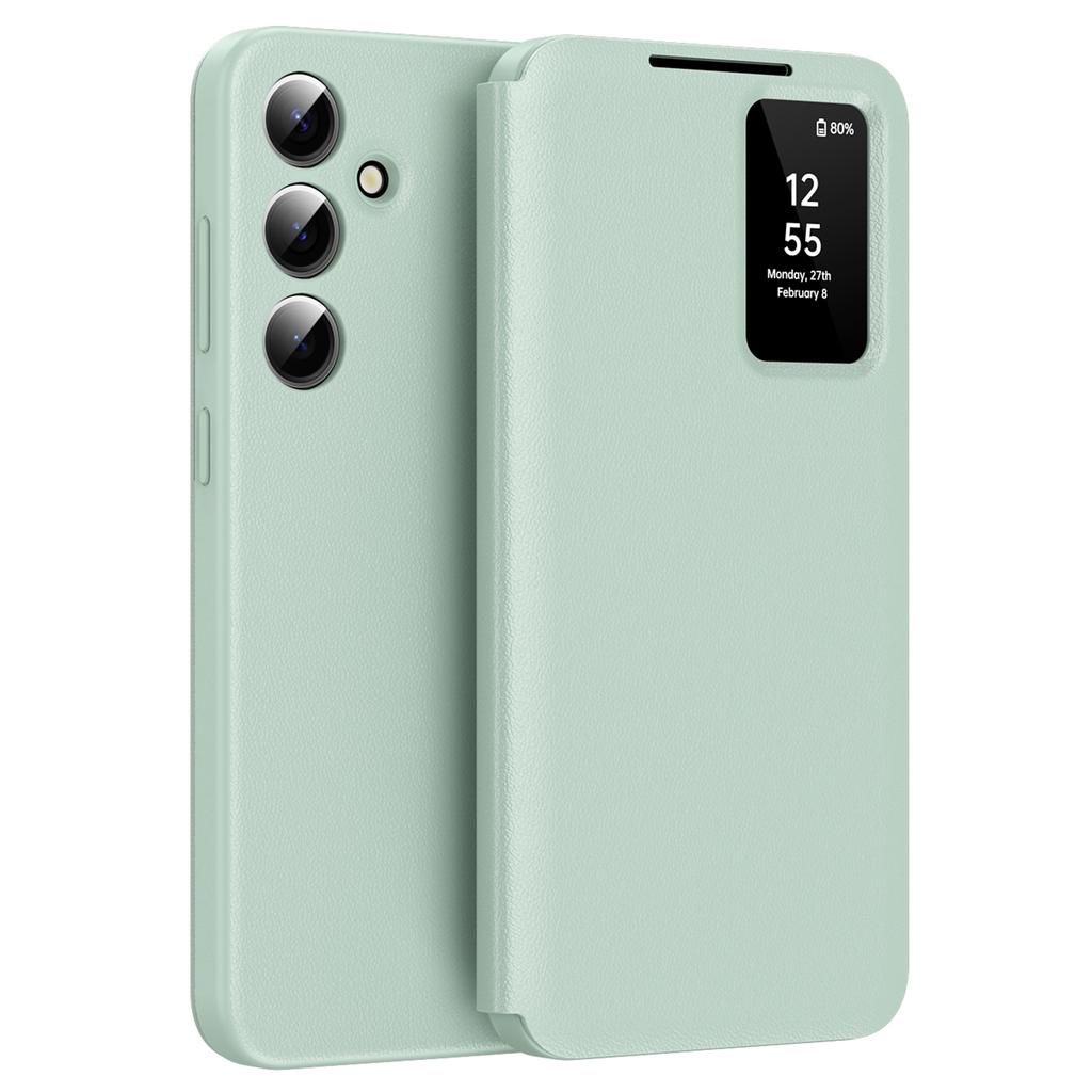 Funda de cuero para teléfono Samsung Galaxy S25+ con ventana de visualización y ranura para tarjetas