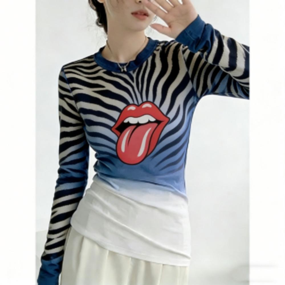 Spring Europe America Sexy Lips Gradient Color Women s Tees Top Fashion Street Women Long Sleeve Clothing Outdoor Casual T-shirt Pullover S