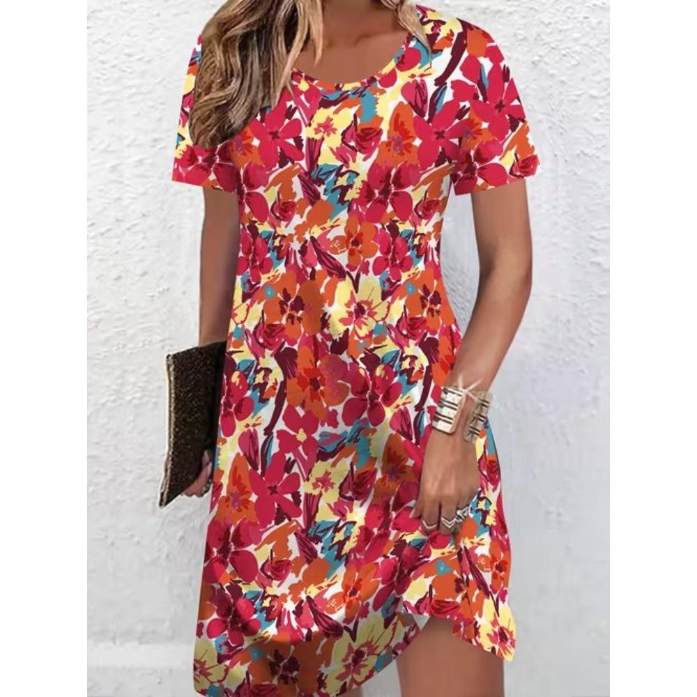 Women's Fashion Graceful Beautiful and Exquisite Patterns Print Summer Spring Short Sleeve O-Neck Casual Dresses