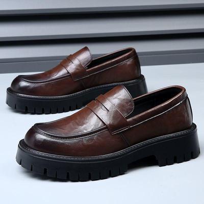 Men’s Genuine Leather Slip-On Loafers: Trendy, Thick-Soled, Height-Increasing, Versatile Casual Dress Shoes.
