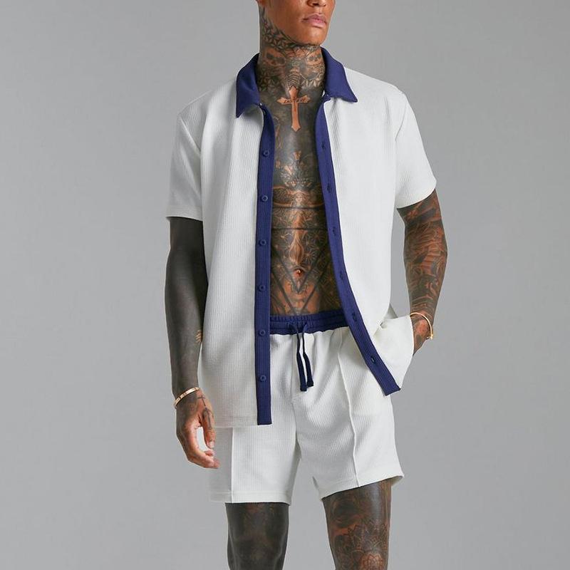 

Men s White Short Sleeve Shirt with Navy Trim & Matching Drawstring Shorts Set XXXL білий