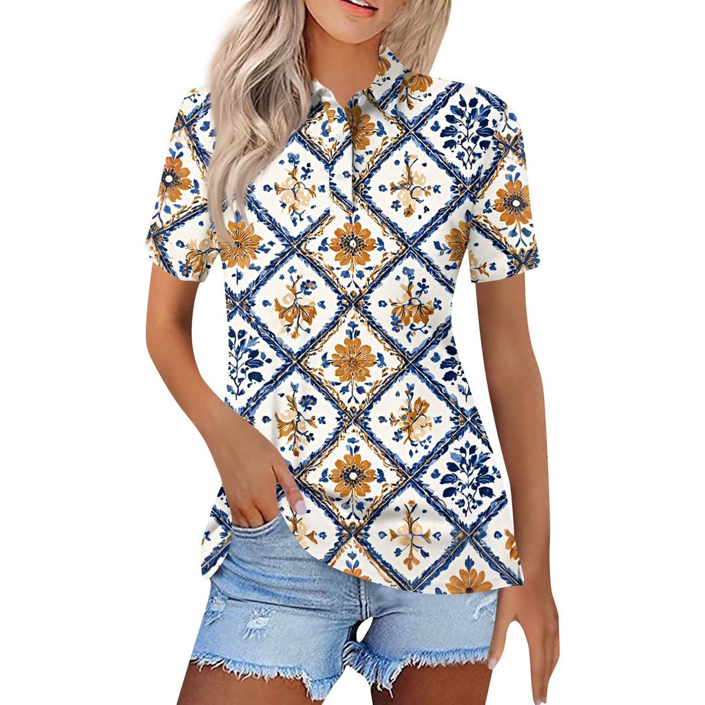 Dámská móda Neformální košile s potiskem s klopou a krátkým rukávem Dámské topy se zapínáním na knoflíky