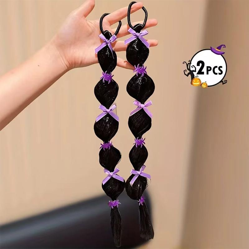 2 Pcs Halloween Fashion Lantern Braid Wig Hair Ties For Girls With Pumpkin And Spider Elements Fun Hair Accessories