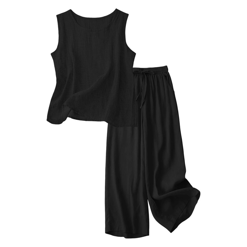 Women 2 Piece Sleeveless Tank Tops Wide Leg Pants Casual Linen Sets