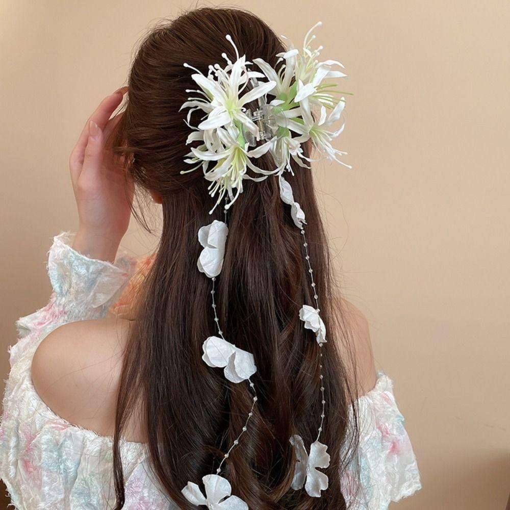 Sweet Flower Tassel Hair Claw Elegant Bridal Headwear Flower Hair Shark Clip  Hair Accessories
