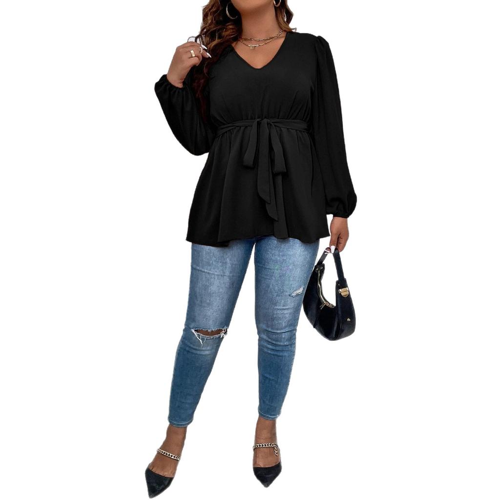 Large Size Women's New V-neck Lantern Sleeve Top Women's Lace-up Waist Thin Ruffle Hem T-shirt