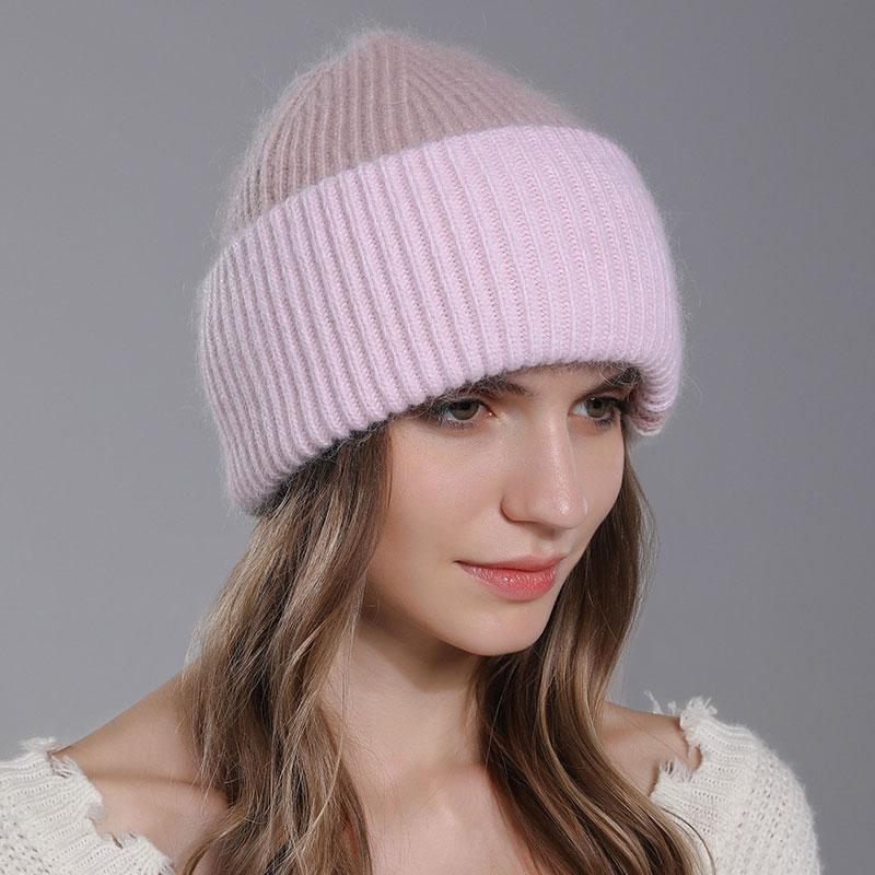 New Fashion Color Splicing Knitted Women's Hats Warmth Angora Rabbit Fur Hat Winter Beanie for Lady Adult Female Cap