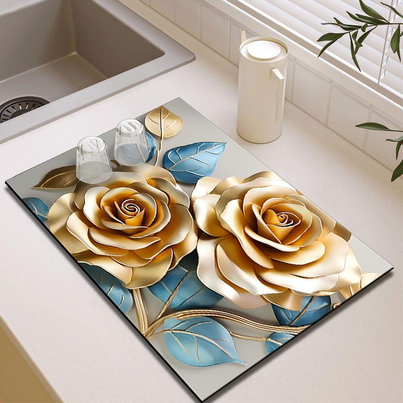 3D Floral Diatom Mud Drain Pad - Heat-Insulating, Quick-Drying, Non-Slip Kitchen Mat