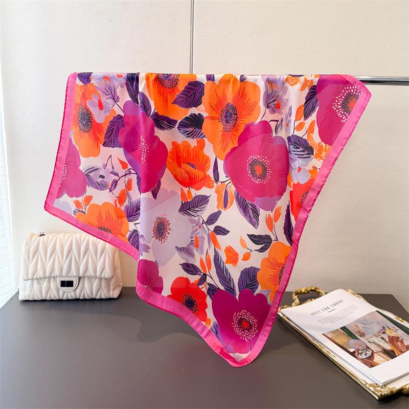 2026 New Fashion Luxury 70cm Square Silk Women's Scarf Flower Printed Satin Scarves Shawl Designer Headband Bandana