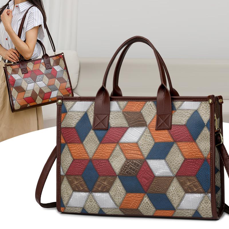 Colorblock Damen Schultertasche Gespleißte Tragetasche mit großem Fassungsvermögen Weiches Leder Leichte Handtasche