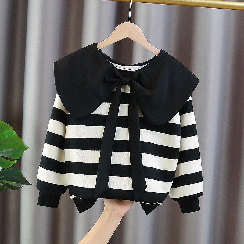 Girls Fleece Lined Striped Sweatshirt Autumn Winter Thick Warm Long Sleeve Preppy Top for Big Kids 110