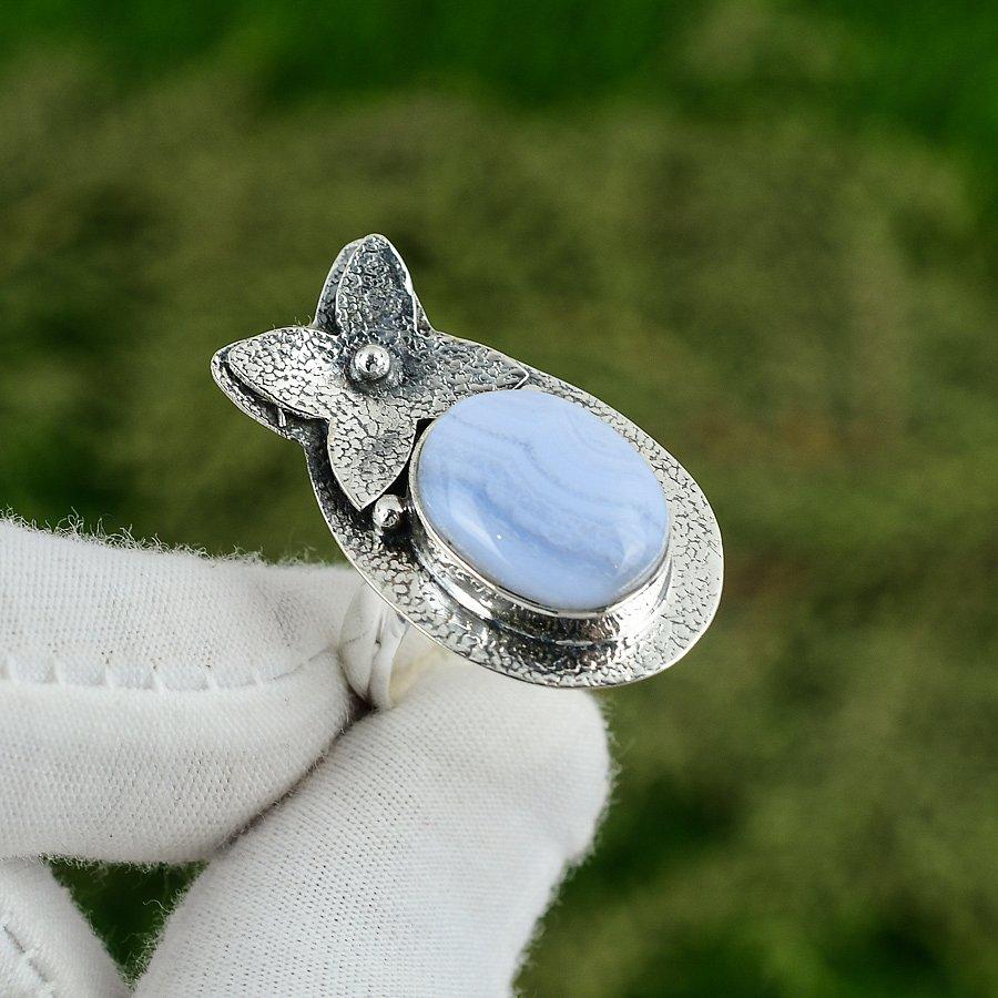 Birthday Gift For Her Natural Blue Lace Agate Promise Adjustable Ring 925 Silver Adjustable