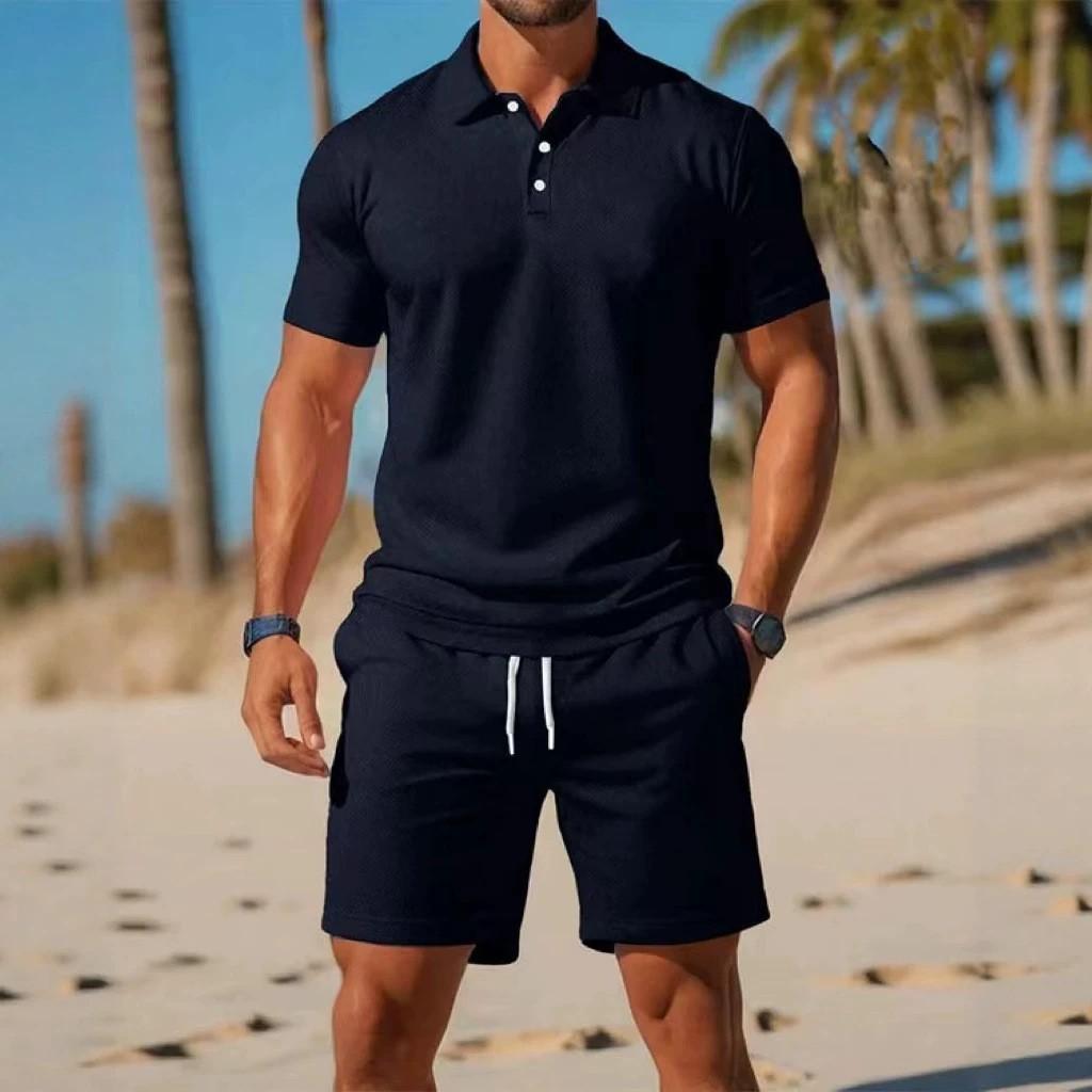 Herren Sommer-Zweiteiler Einfarbiges Kurzarm-Polohemd Shorts mit Kordelzug und elastischem Bund Lässiges Strand-Geh-Trainingsanzug-Set