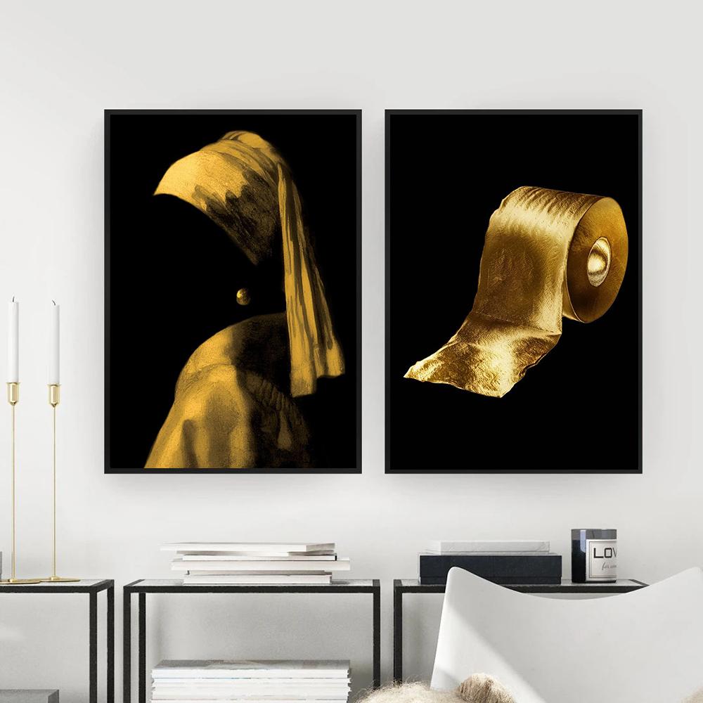 WC Toaletní Plakát Dekorace Módní Žena Dekorativní Obrazy Černá Zlatá Role Papíru Plátno Nástěnné Umění Obrázky Pro Koupelnu