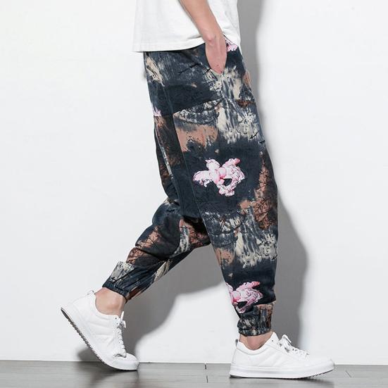 Harem Pants Large Crotch Ankle Tied Fashion Print Elastic Waist Loose Streetwear Plus Size Baggy Pants for Daily Wear