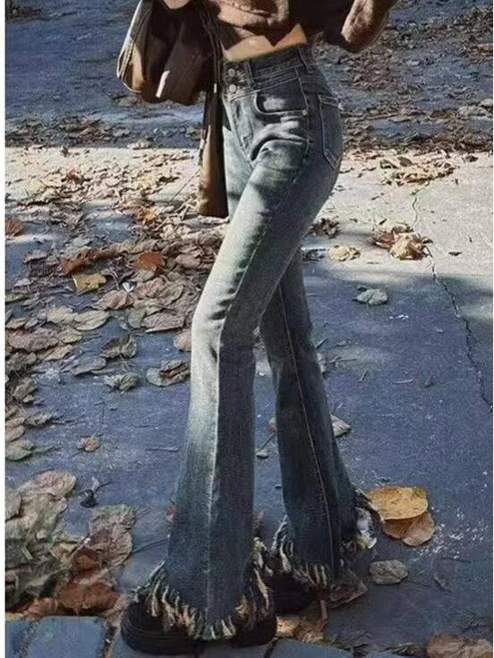Cross-Border Tassel Cement Gray Micro-Flare Jeans: Women's 2026 Spring/Summer Elastic Slimming Retro Pants with Frayed Hem