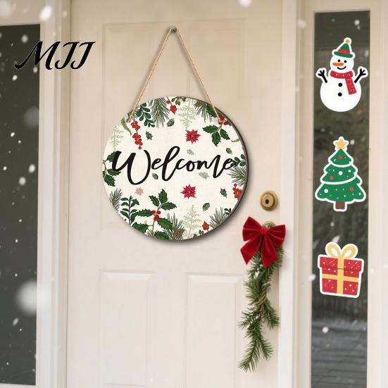 Waterproof Holiday Porch Sign Christmas Hanging Sign, Round Wooden Welcome Cute Dog Gingerbread Front Door Man for Wall Decor