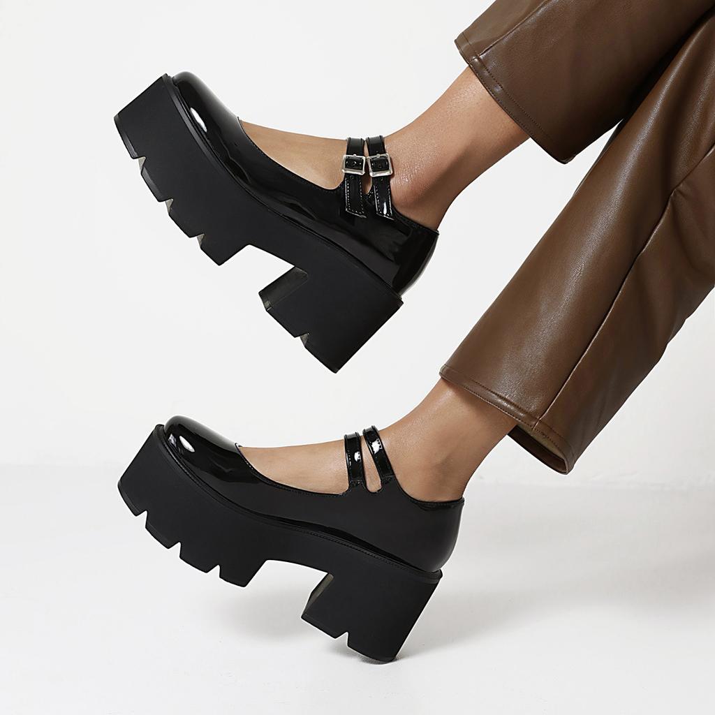 One-word buckle Mary Jane new British retro round head muffin shoes sequined single shoes Japanese platform  shoes