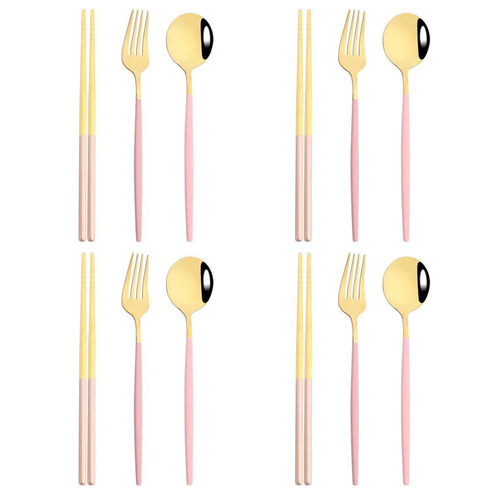 12dílná zlatá jídelní sada hůlky vidlička lžíce příborová sada vysoce kvalitní zrcadlová nerezová ocel příbory korejské nádobí