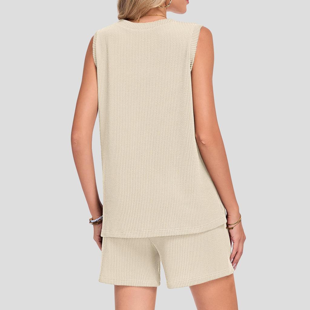 Women Sleeveless Crew Neck Tank Top and Shorts Set with Pocket Relaxed Fit Two Piece Outfits for Daily Wear