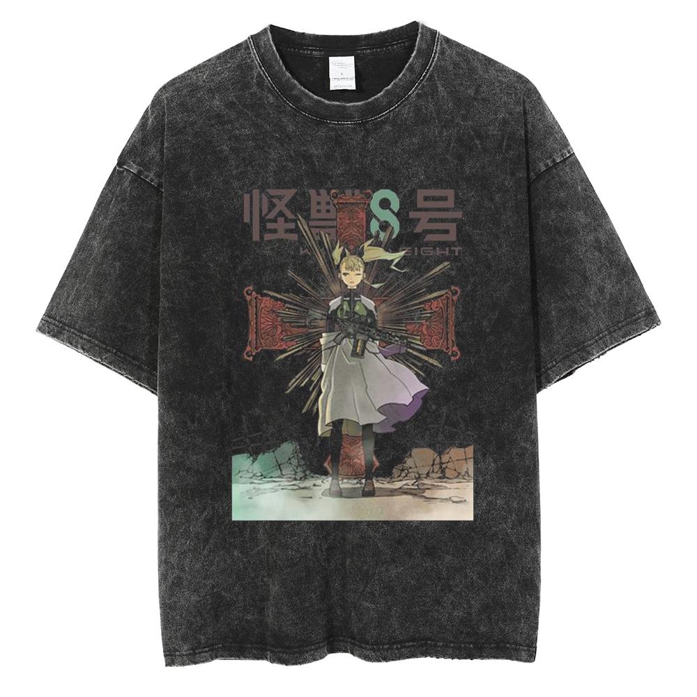 Japan Anime Kaiju No. 8 Cool Print T Shirt Men Women Vintage Washed Cotton Tshirts Oversized T-shirt Harajuku Male Y2k Tee