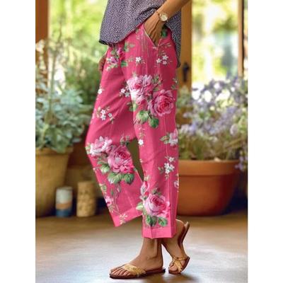 Ladies' Floral Printed Wide Leg Pants - Rose Pattern, Straight Leg with Pocket, Spring and Summer Vacation Outfit, Elegant Collection, Printed Pants