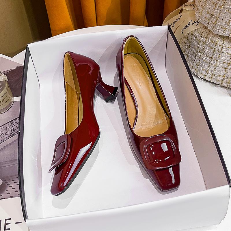 High Heels Women's Thin Heels 2025 New Red Wedding Shoes Patent Leather Gentle Shoes Square Buckle French Niche Square Head Single Shoes