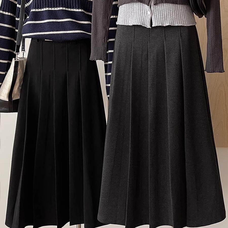 Gray Wool Blend High-Waisted Pleated Skirt for Petite Figures - Mid-Length A-Line Autumn Design