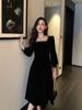 French golden velvet square neck long-sleeved dress women's autumn new thin retro black inner dress medium and long dress
