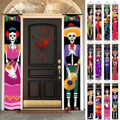Mexican Day of The Dead Couplet Halloween Skull Pattern Banner Halloween Horror Themed Party Decor Door Hanging Flags Curtain
