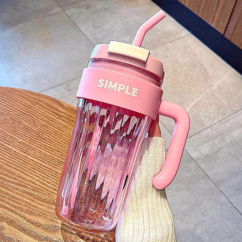Capacity Plastic Simple Handy Large Cup Girl Office Mug Handle Straw Water Cup Couple Drinking Cup