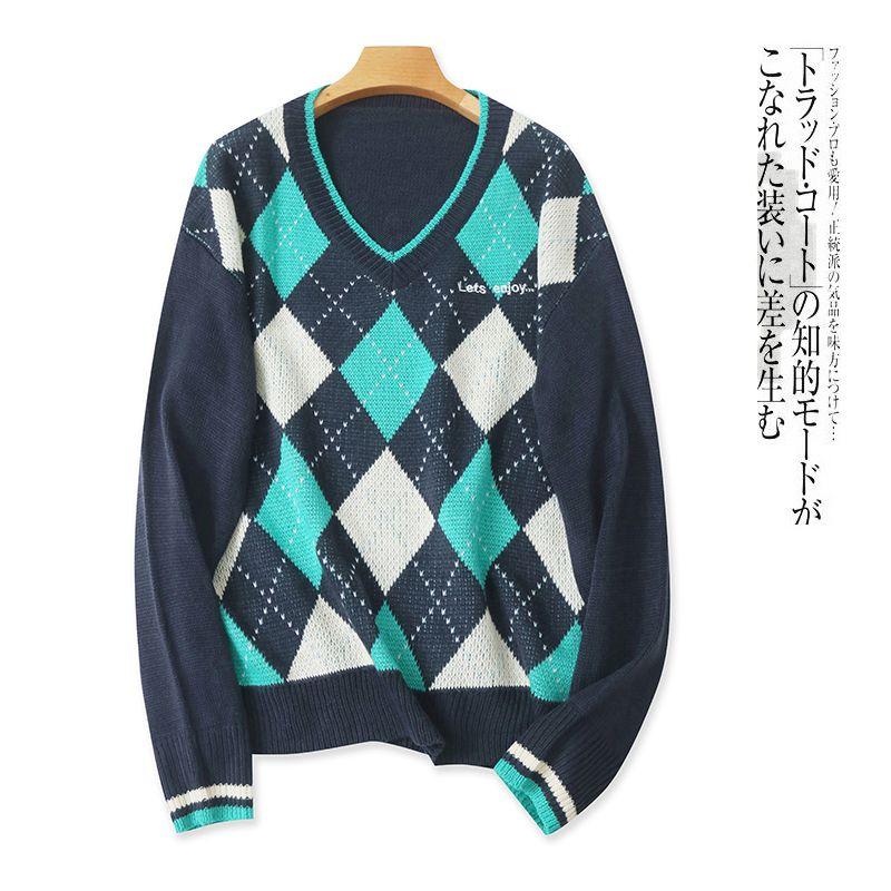 

Diamond Lattice Sweater Fall and Winter New Arrival Women s Clothing Fashion V Neck Pullover Long Sleeves Color Contrast Patchwork Sweater 29296 Navy blue dige C- 8-30-1 M