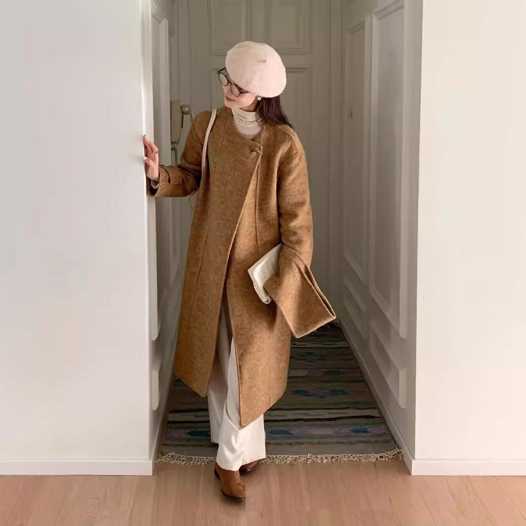 Korean Lace Detachable Tassel Scarf Horn Button Double-sided Wool Coat Mid-length Temperament Coat Warm and Loose