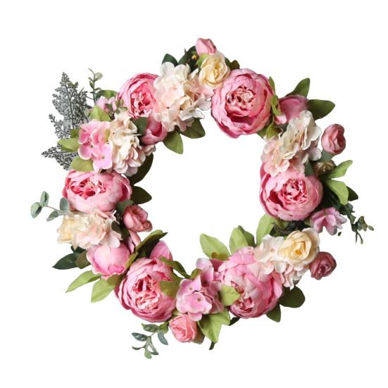 40CM Artificial Peony Wreath Indoor Outdoor Front Door Wall Hanging Fake Flower Garland with Green Leaves Wedding Party Home Decoration