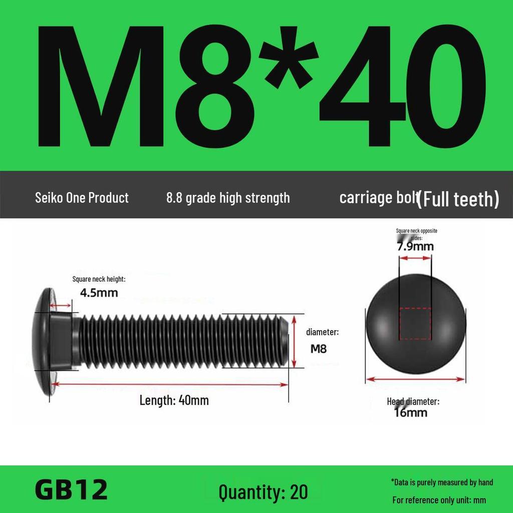 High-Strength Grade 8.8 Carriage Bolts: Round Head, Square Neck, M6-M16 Sizes for Shelf and Bridge Frames