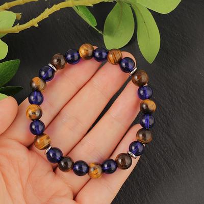 Cadeaux Festifs Bracelet en Perles de Verre Oeil de Tigre Bleu Foncé Bijoux de Mode Naturels Pour Hommes Femmes Port Quotidien Cadeau