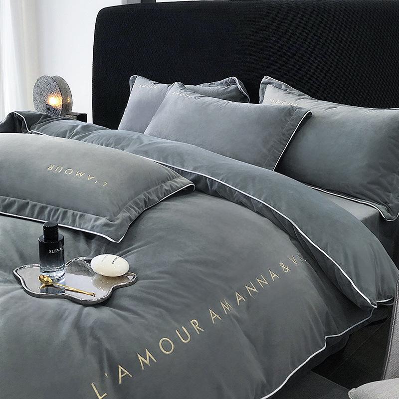 Class A baby velvet four-piece set baby velvet solid color embroidered milk velvet bed three-piece set flannel sheet quilt cover duvet cover